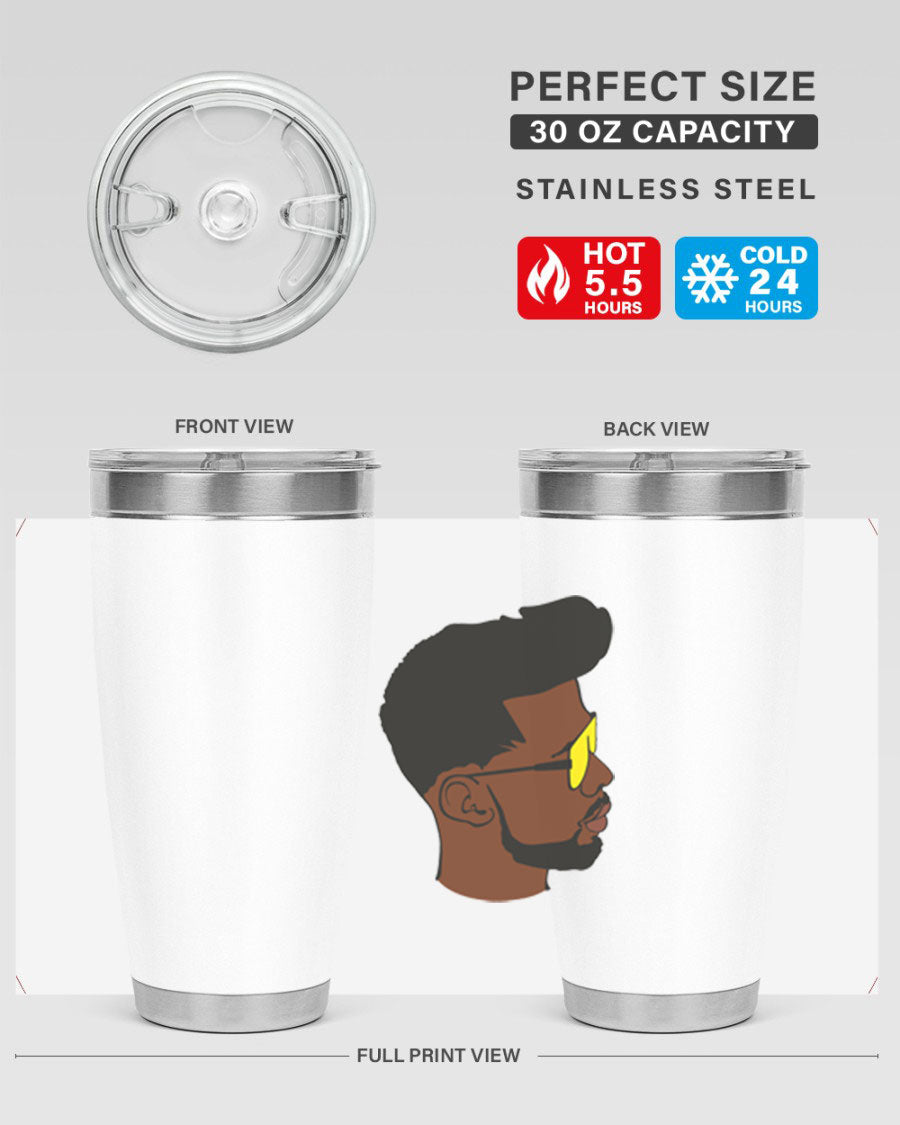 Black man 33# tumbler in 20oz and 30oz sizes, showcasing a sleek stainless steel design with a drink-thru lid.