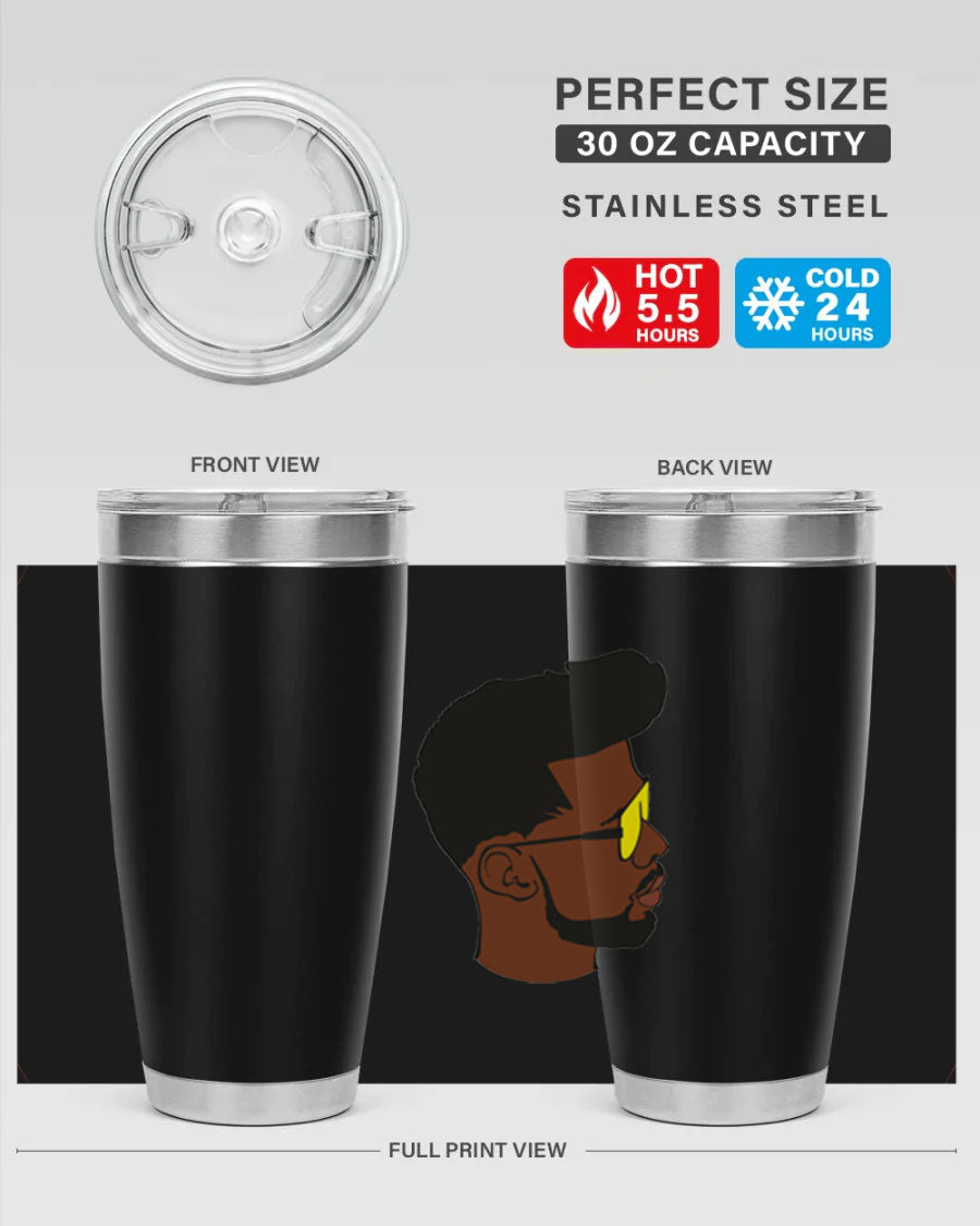 Black man 33# tumbler in 20oz and 30oz sizes, showcasing a sleek stainless steel design with a drink-thru lid.