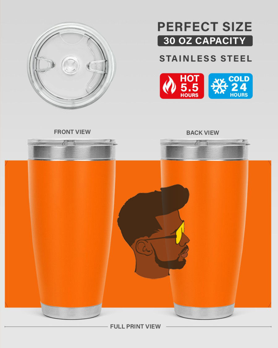 Black man 33# tumbler in 20oz and 30oz sizes, showcasing a sleek stainless steel design with a drink-thru lid.