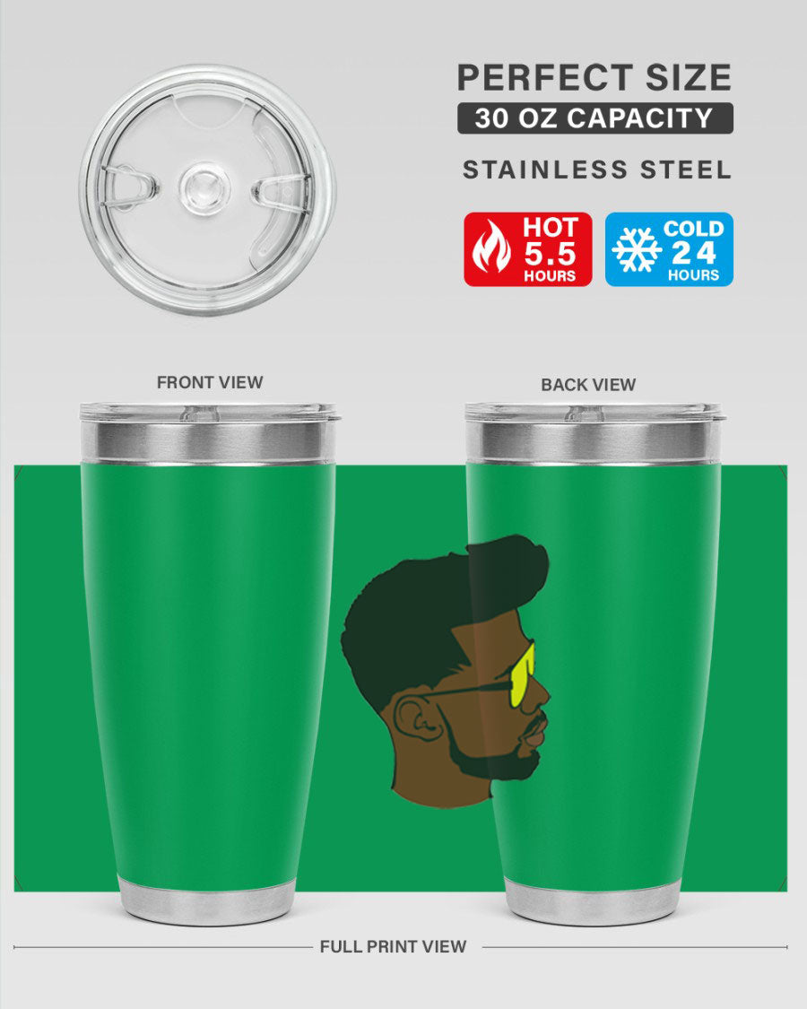 Black man 33# tumbler in 20oz and 30oz sizes, showcasing a sleek stainless steel design with a drink-thru lid.