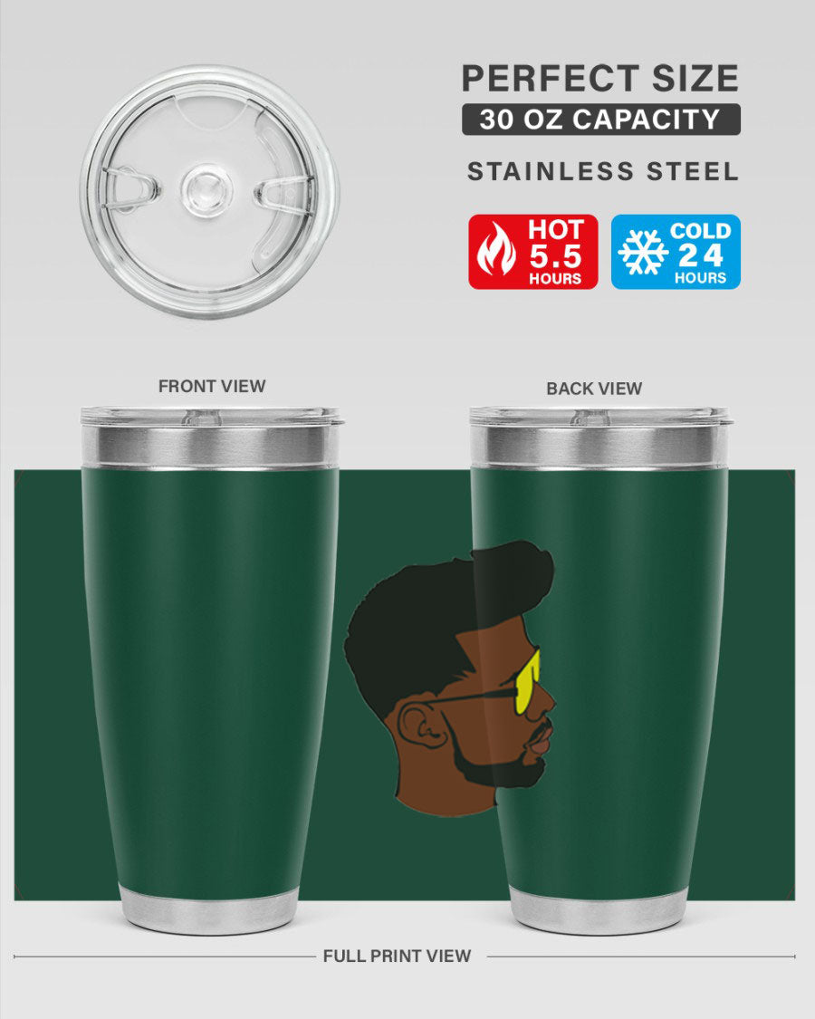 Black man 33# tumbler in 20oz and 30oz sizes, showcasing a sleek stainless steel design with a drink-thru lid.