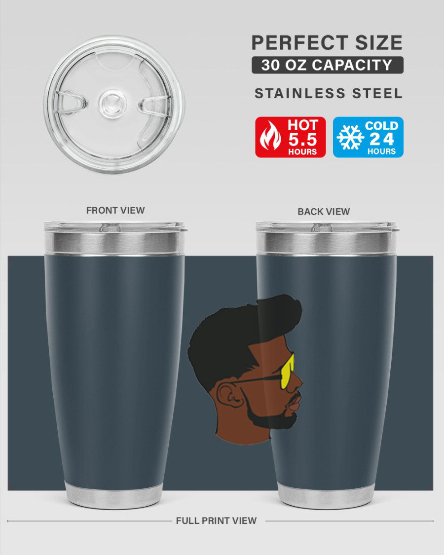 Black man 33# tumbler in 20oz and 30oz sizes, showcasing a sleek stainless steel design with a drink-thru lid.