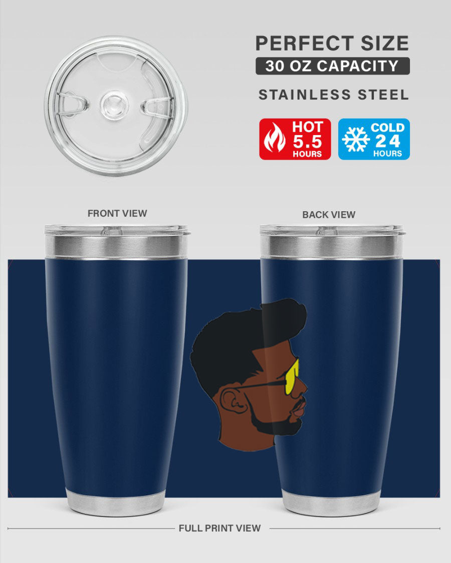 Black man 33# tumbler in 20oz and 30oz sizes, showcasing a sleek stainless steel design with a drink-thru lid.