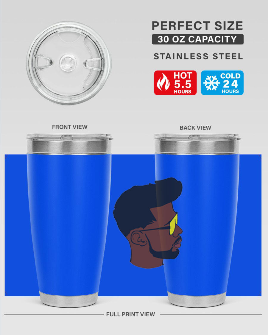 Black man 33# tumbler in 20oz and 30oz sizes, showcasing a sleek stainless steel design with a drink-thru lid.