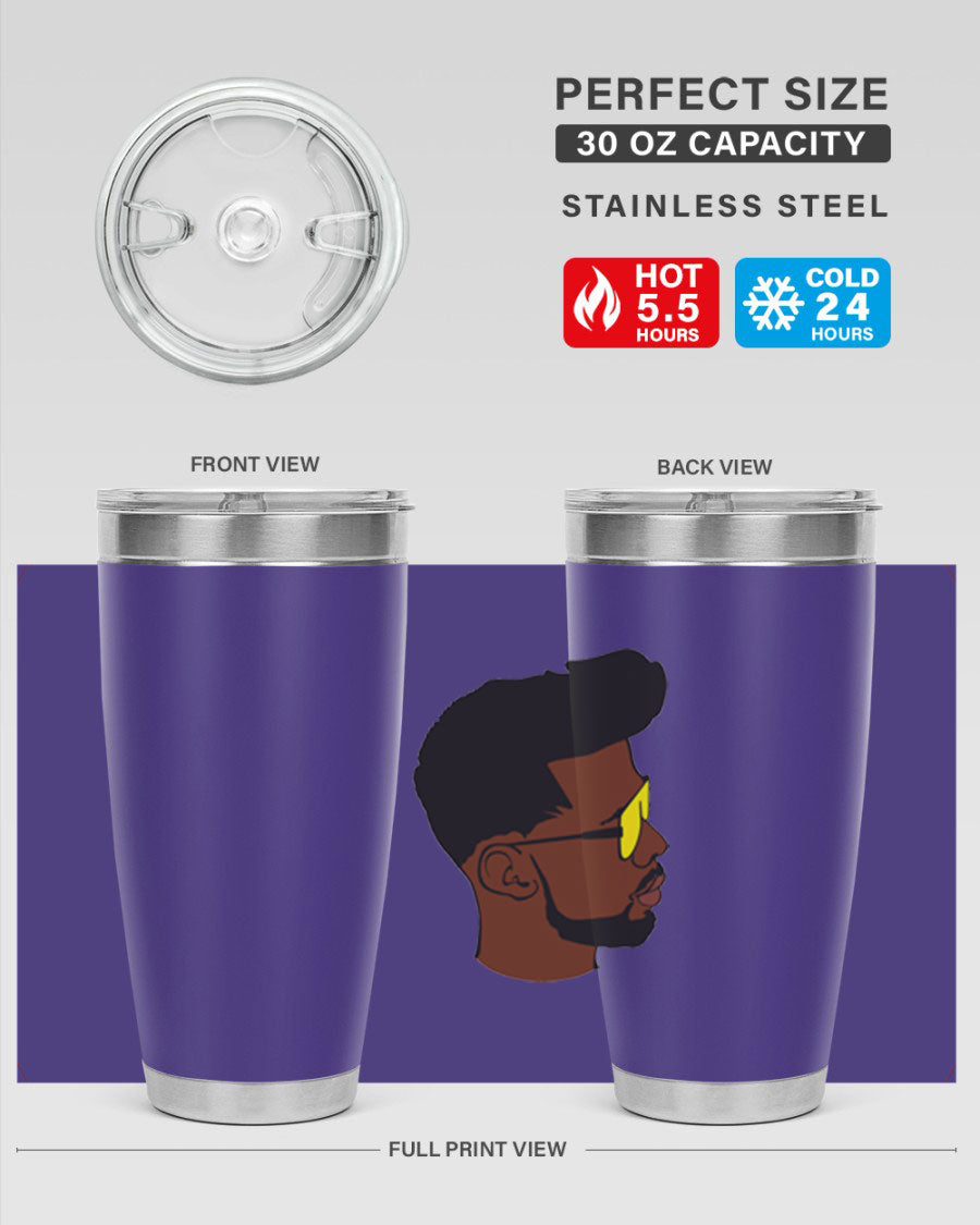 Black man 33# tumbler in 20oz and 30oz sizes, showcasing a sleek stainless steel design with a drink-thru lid.