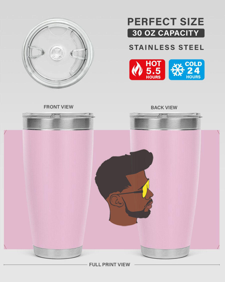 Black man 33# tumbler in 20oz and 30oz sizes, showcasing a sleek stainless steel design with a drink-thru lid.