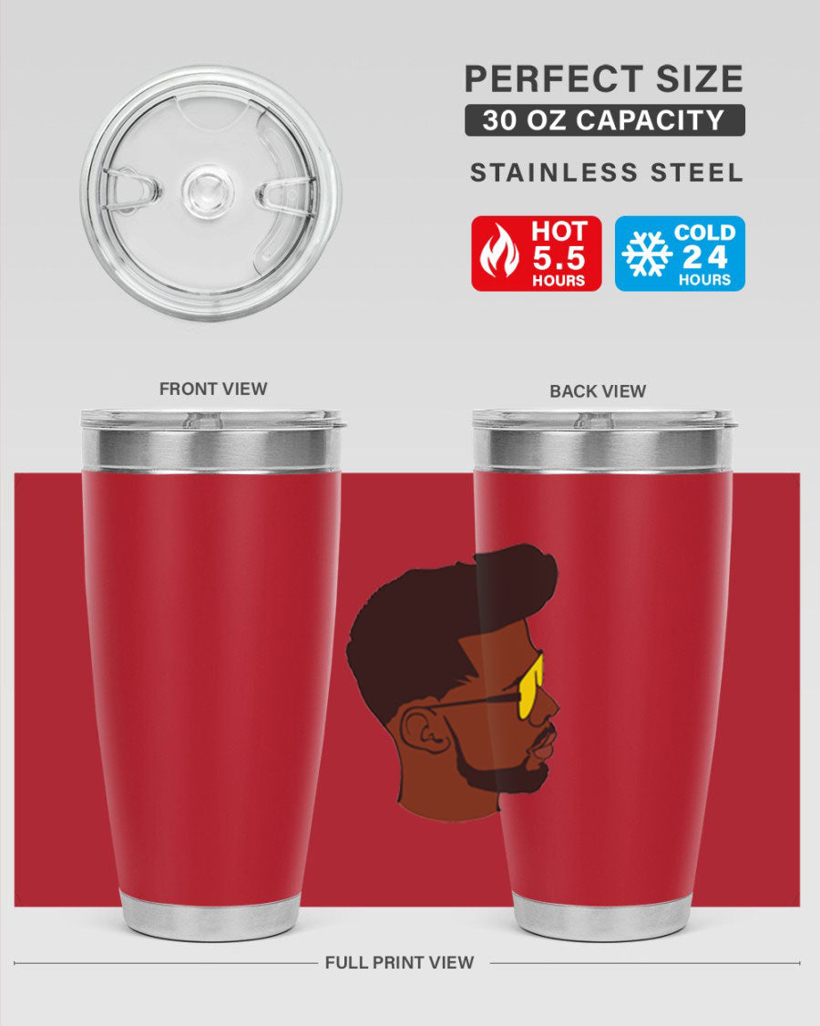 Black man 33# tumbler in 20oz and 30oz sizes, showcasing a sleek stainless steel design with a drink-thru lid.