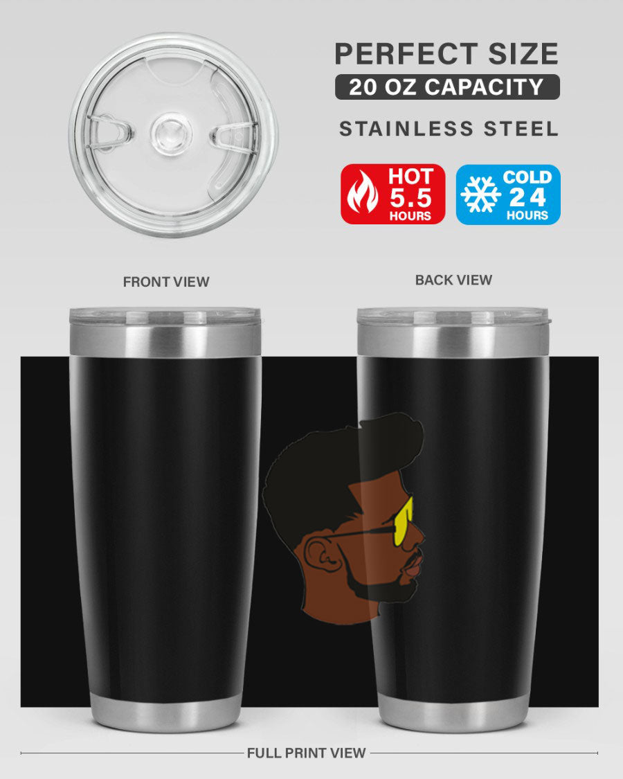 Black man 33# tumbler in 20oz and 30oz sizes, showcasing a sleek stainless steel design with a drink-thru lid.