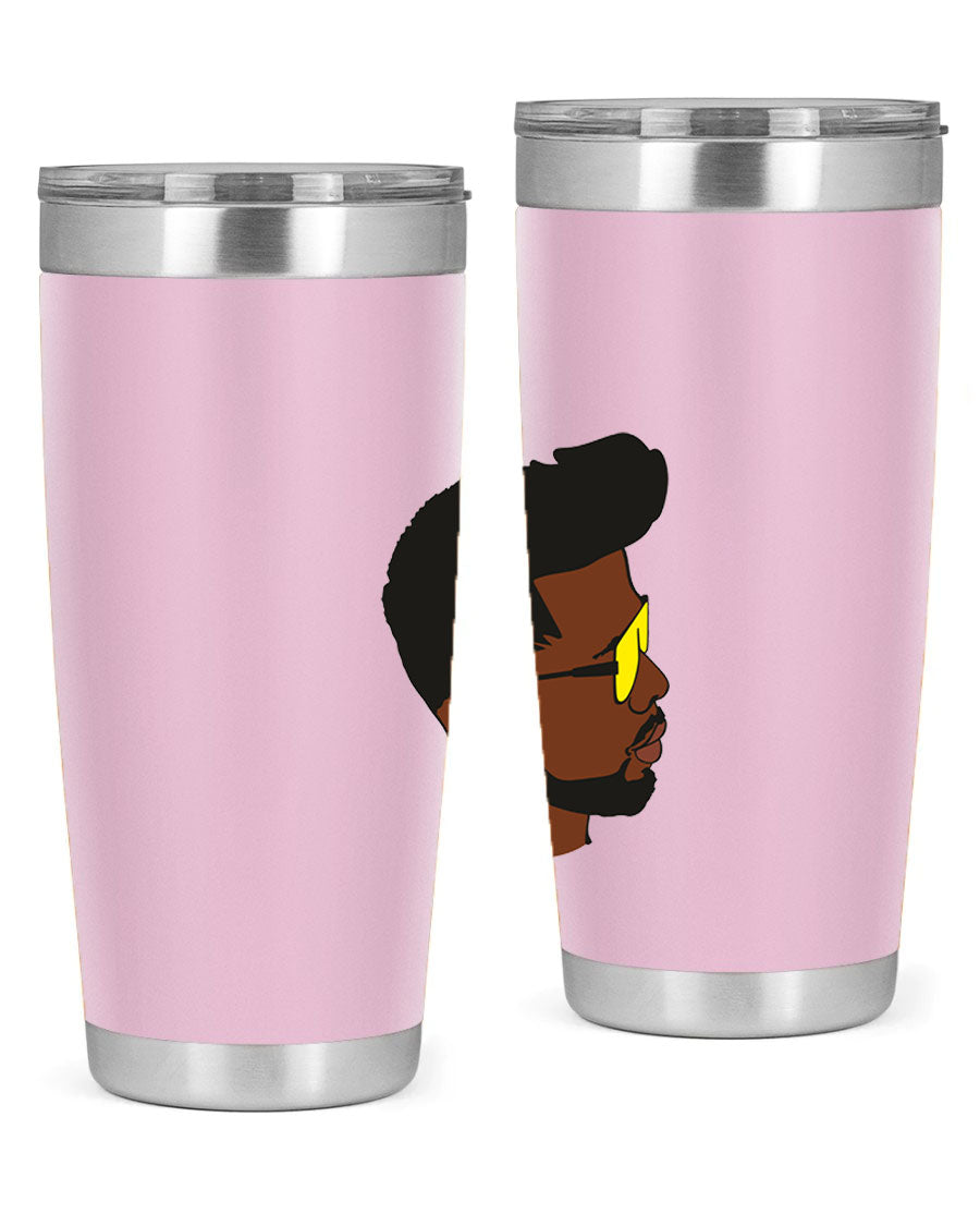 Black man 33# tumbler in 20oz and 30oz sizes, showcasing a sleek stainless steel design with a drink-thru lid.