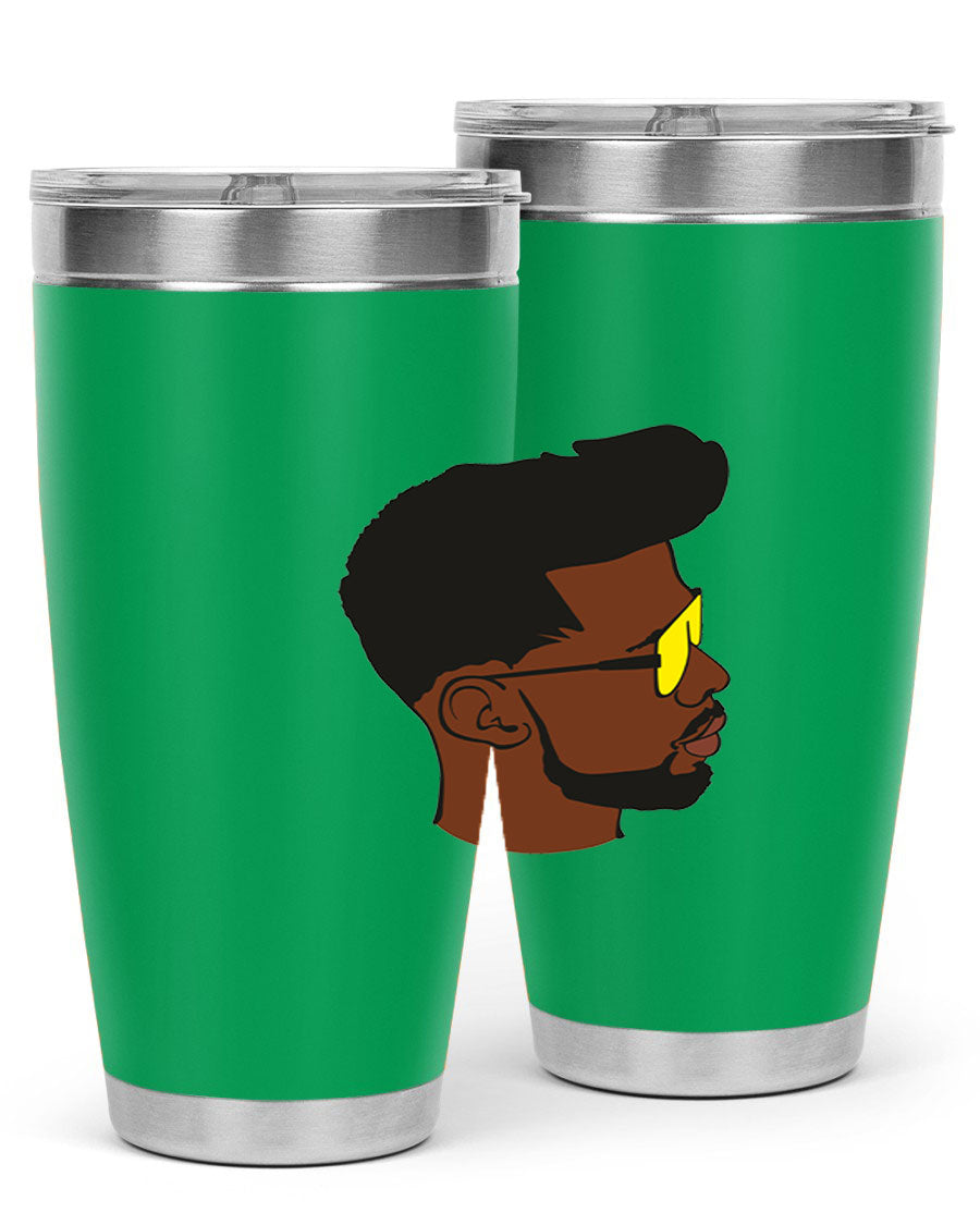 Black man 33# tumbler in 20oz and 30oz sizes, showcasing a sleek stainless steel design with a drink-thru lid.