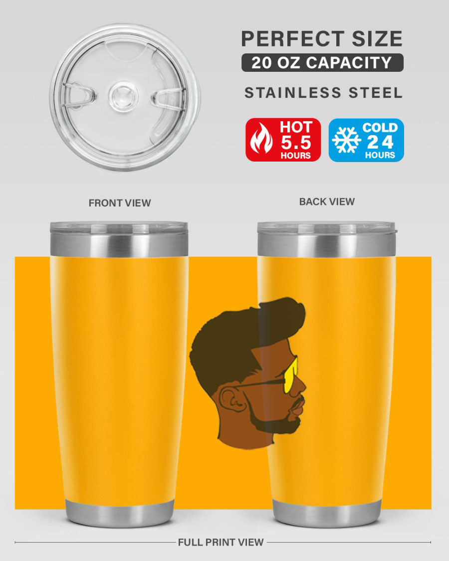 Black man 33# tumbler in 20oz and 30oz sizes, showcasing a sleek stainless steel design with a drink-thru lid.