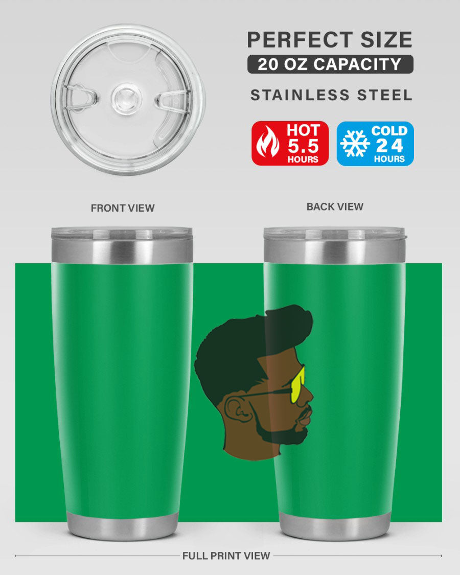 Black man 33# tumbler in 20oz and 30oz sizes, showcasing a sleek stainless steel design with a drink-thru lid.