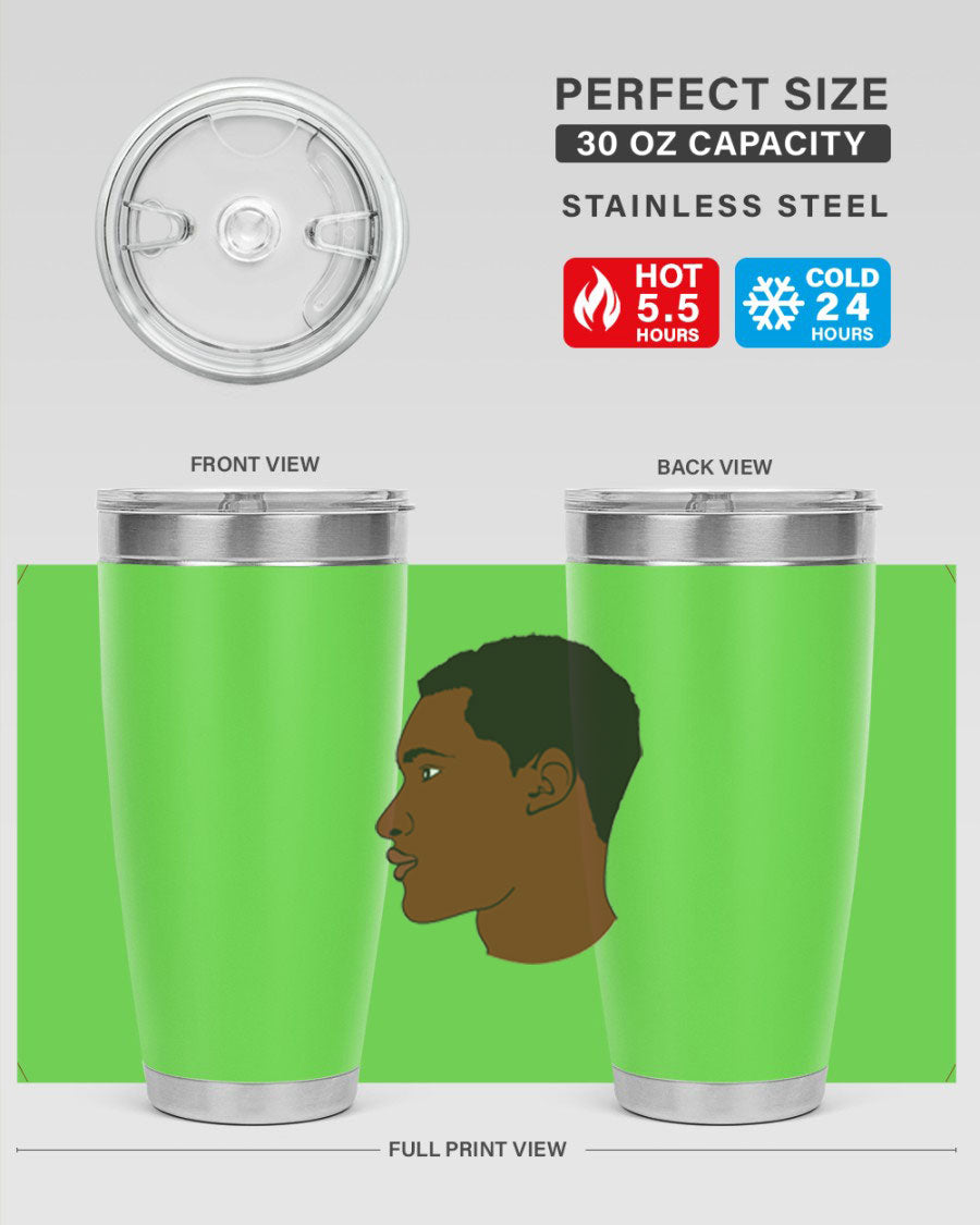 A sleek black man tumbler made of stainless steel, featuring a double wall vacuum design and a drink-thru lid, perfect for hot and cold beverages.