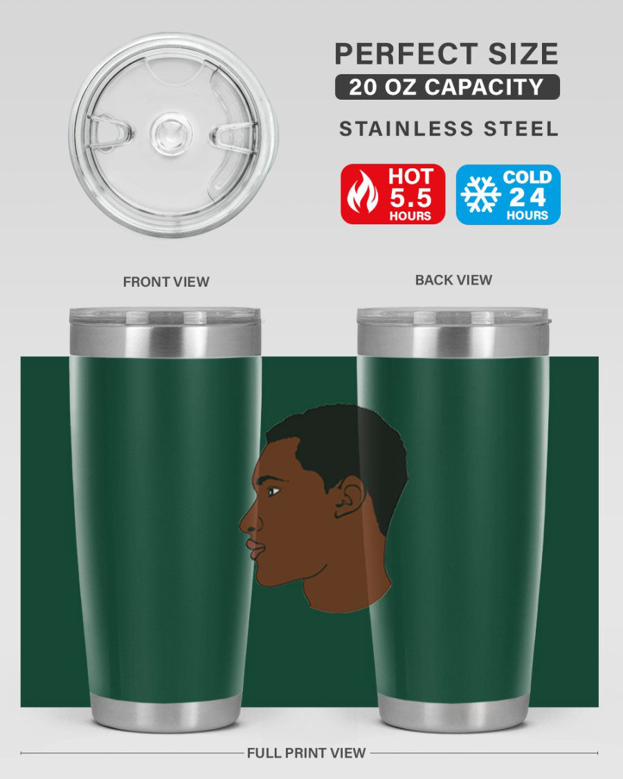 A sleek black man tumbler made of stainless steel, featuring a double wall vacuum design and a drink-thru lid, perfect for hot and cold beverages.