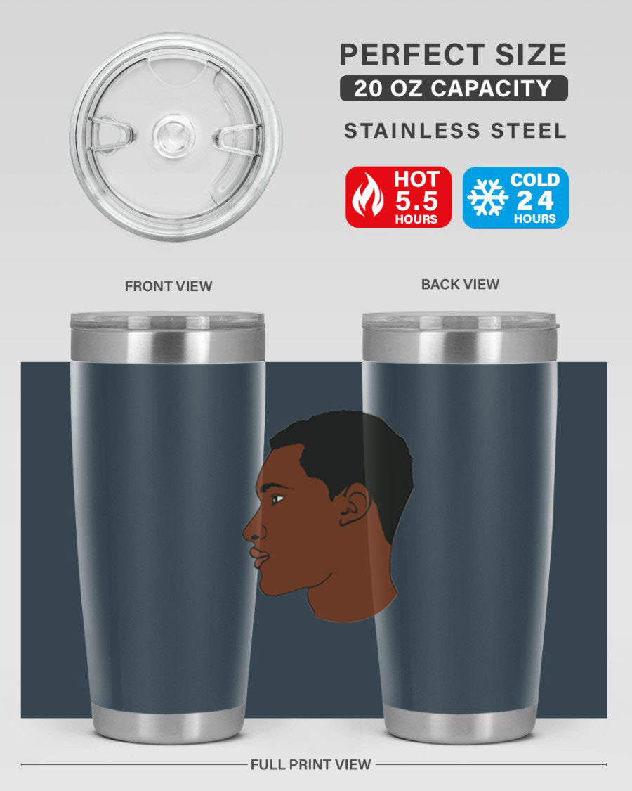 A sleek black man tumbler made of stainless steel, featuring a double wall vacuum design and a drink-thru lid, perfect for hot and cold beverages.