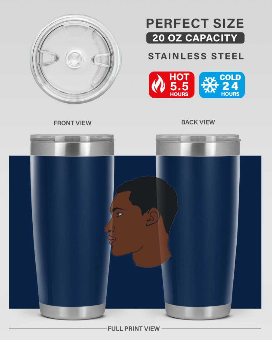 A sleek black man tumbler made of stainless steel, featuring a double wall vacuum design and a drink-thru lid, perfect for hot and cold beverages.