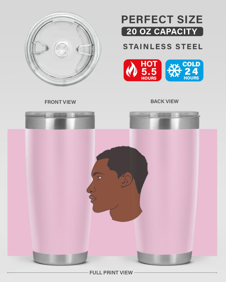 A sleek black man tumbler made of stainless steel, featuring a double wall vacuum design and a drink-thru lid, perfect for hot and cold beverages.