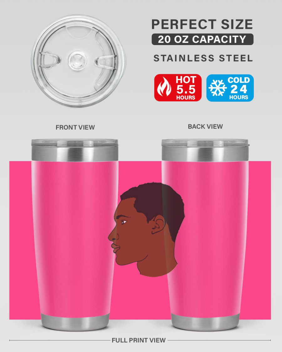 A sleek black man tumbler made of stainless steel, featuring a double wall vacuum design and a drink-thru lid, perfect for hot and cold beverages.