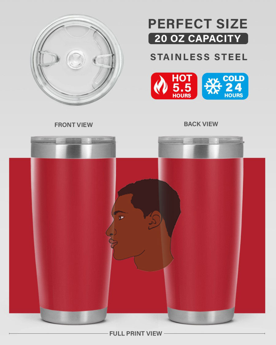 A sleek black man tumbler made of stainless steel, featuring a double wall vacuum design and a drink-thru lid, perfect for hot and cold beverages.