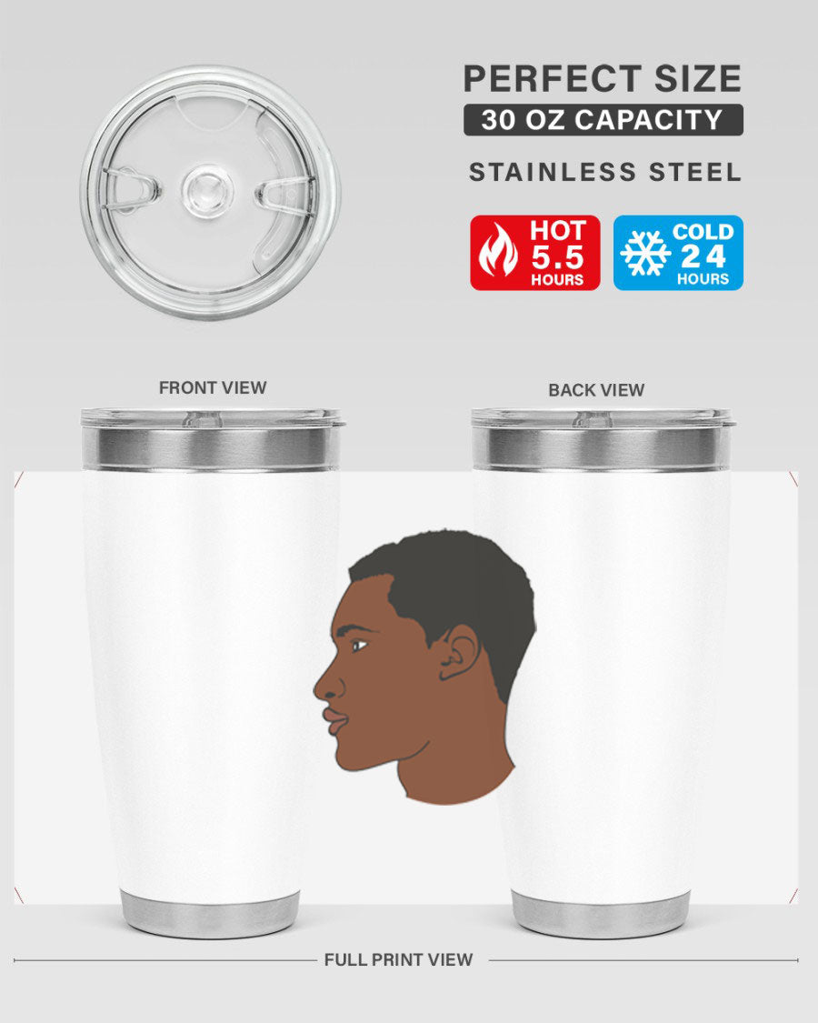 A sleek black man tumbler made of stainless steel, featuring a double wall vacuum design and a drink-thru lid, perfect for hot and cold beverages.