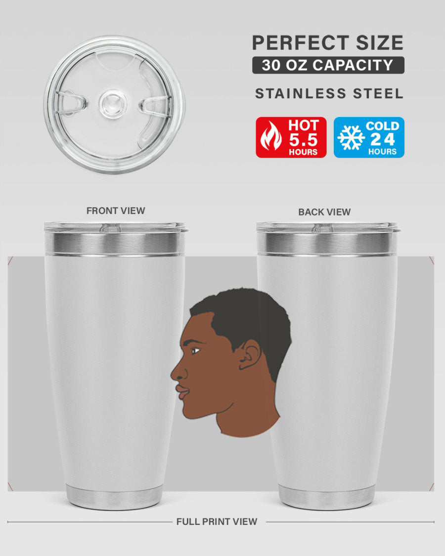 A sleek black man tumbler made of stainless steel, featuring a double wall vacuum design and a drink-thru lid, perfect for hot and cold beverages.