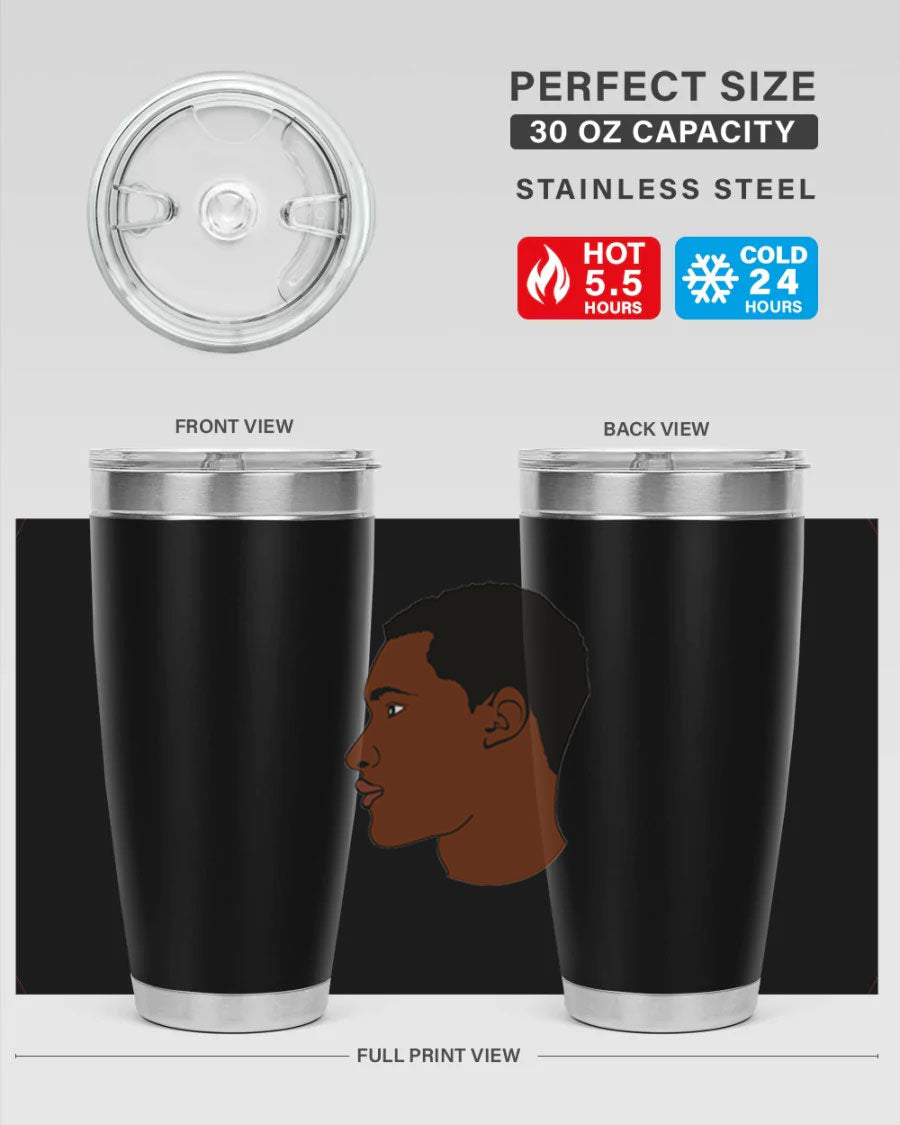 A sleek black man tumbler made of stainless steel, featuring a double wall vacuum design and a drink-thru lid, perfect for hot and cold beverages.