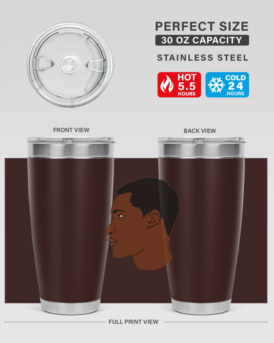 A sleek black man tumbler made of stainless steel, featuring a double wall vacuum design and a drink-thru lid, perfect for hot and cold beverages.