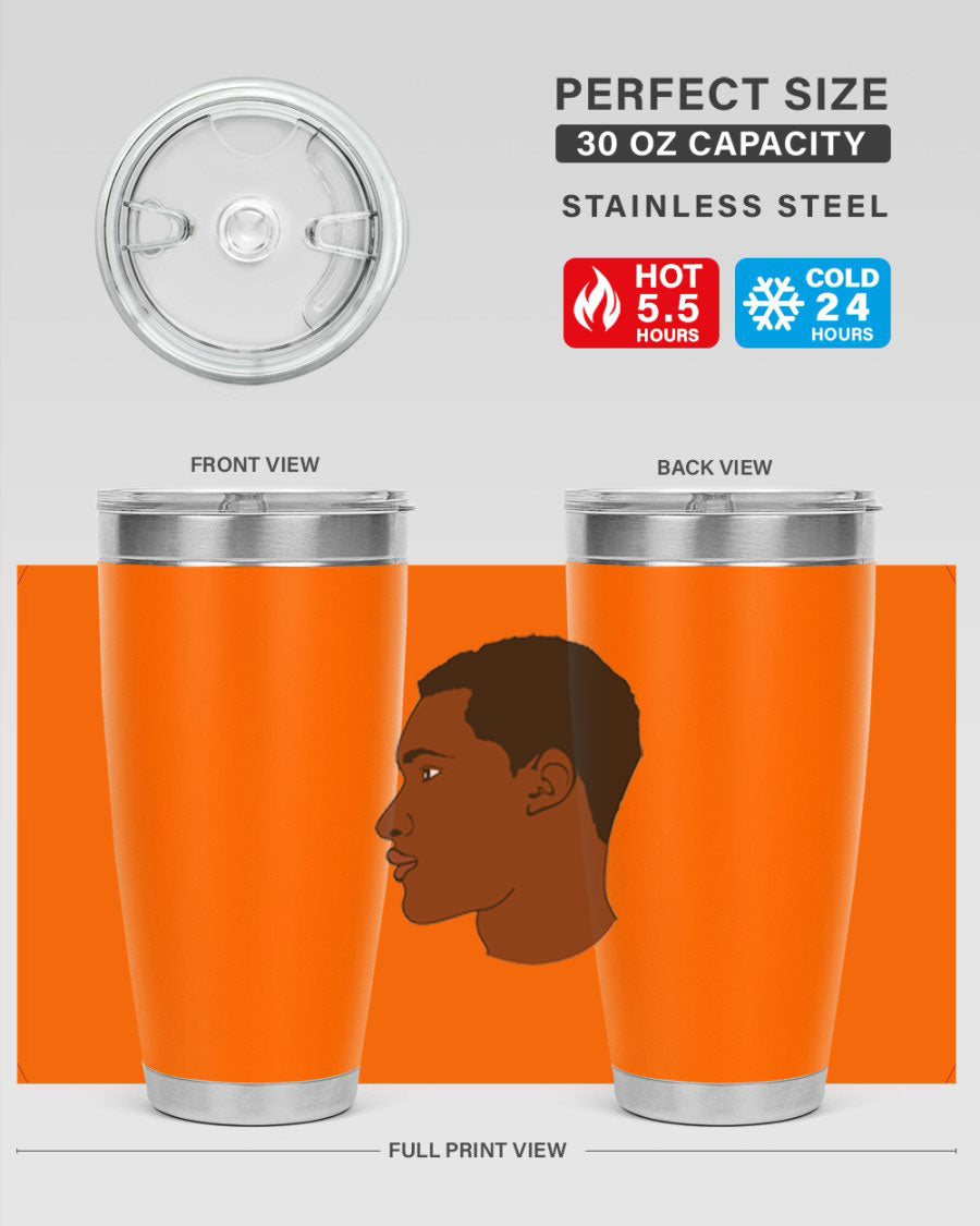 A sleek black man tumbler made of stainless steel, featuring a double wall vacuum design and a drink-thru lid, perfect for hot and cold beverages.