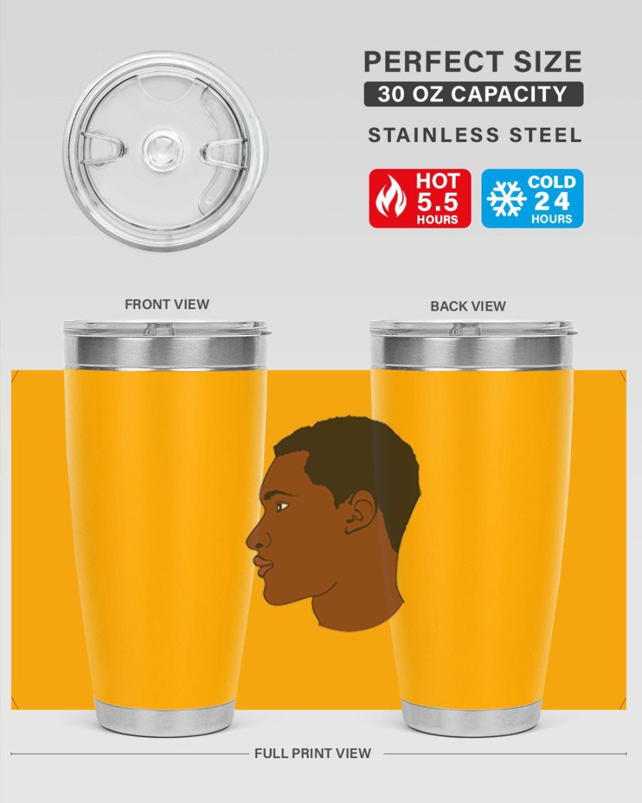 A sleek black man tumbler made of stainless steel, featuring a double wall vacuum design and a drink-thru lid, perfect for hot and cold beverages.