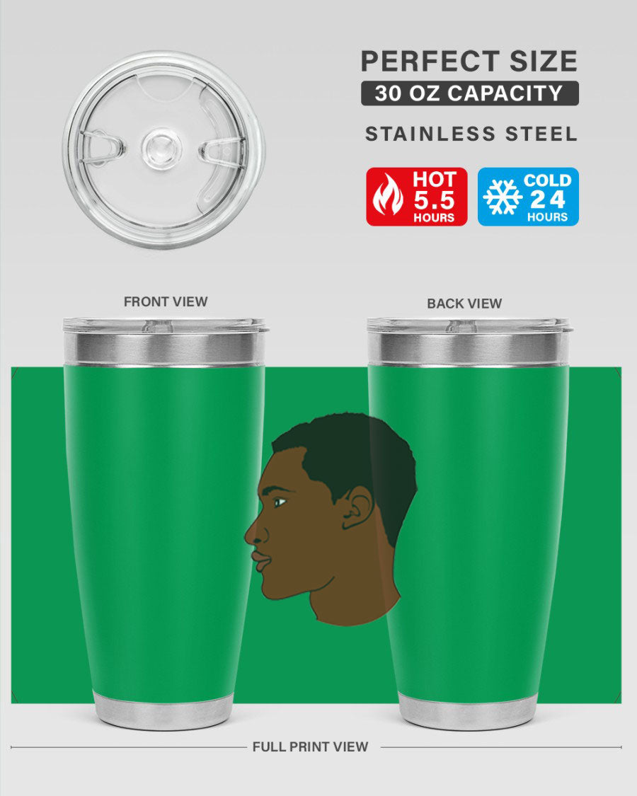 A sleek black man tumbler made of stainless steel, featuring a double wall vacuum design and a drink-thru lid, perfect for hot and cold beverages.