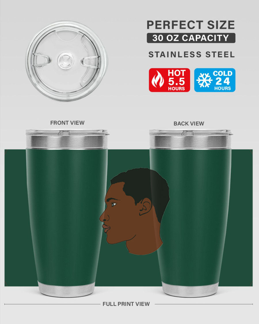 A sleek black man tumbler made of stainless steel, featuring a double wall vacuum design and a drink-thru lid, perfect for hot and cold beverages.