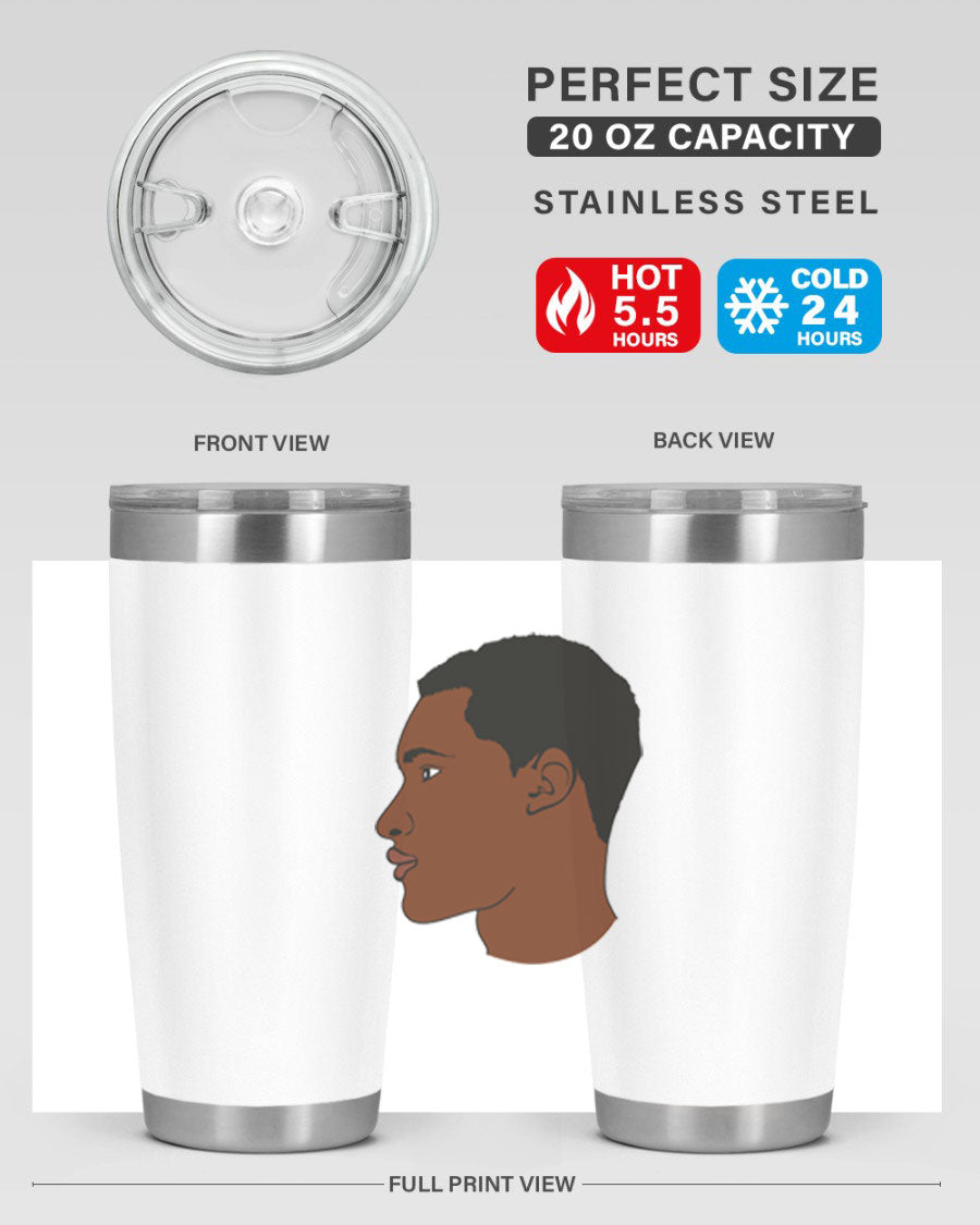 A sleek black man tumbler made of stainless steel, featuring a double wall vacuum design and a drink-thru lid, perfect for hot and cold beverages.