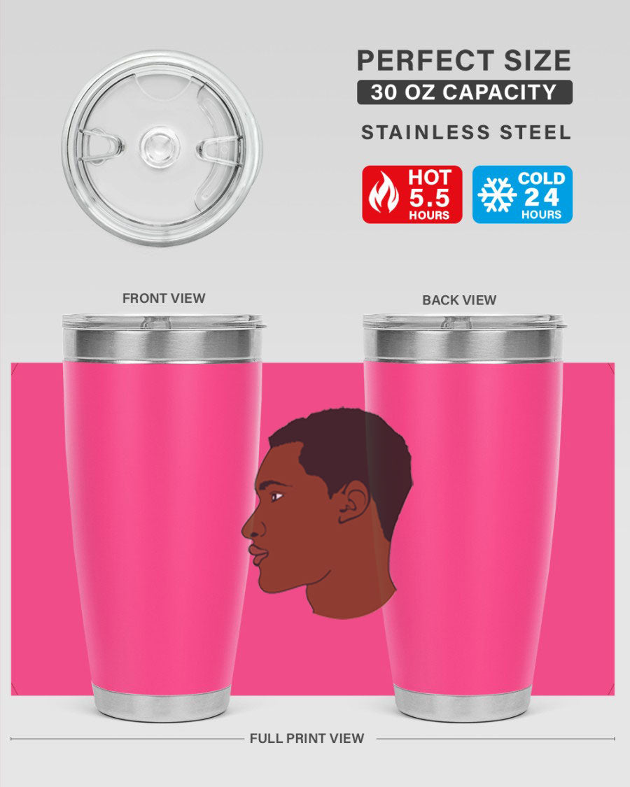 A sleek black man tumbler made of stainless steel, featuring a double wall vacuum design and a drink-thru lid, perfect for hot and cold beverages.