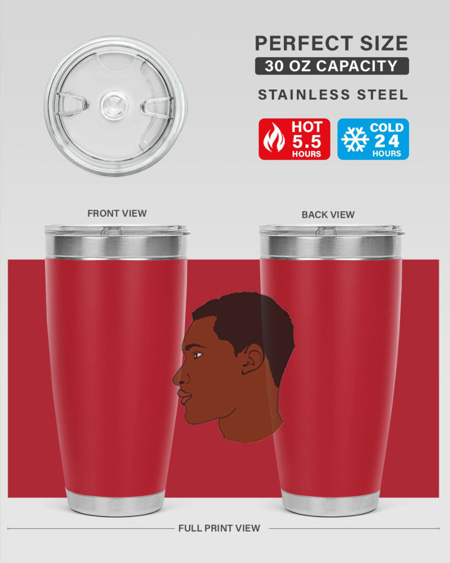 A sleek black man tumbler made of stainless steel, featuring a double wall vacuum design and a drink-thru lid, perfect for hot and cold beverages.