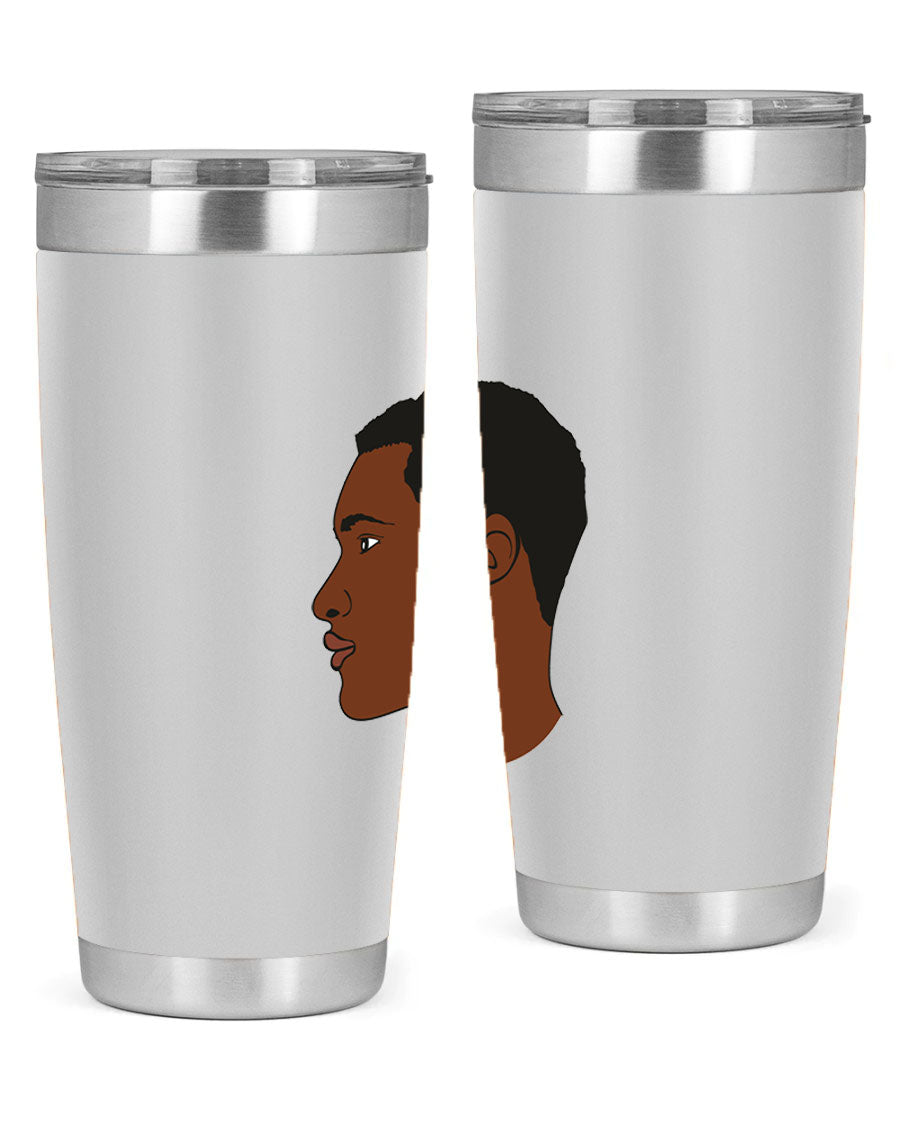 A sleek black man tumbler made of stainless steel, featuring a double wall vacuum design and a drink-thru lid, perfect for hot and cold beverages.