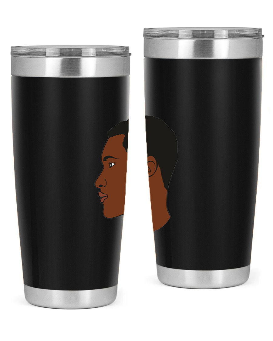 A sleek black man tumbler made of stainless steel, featuring a double wall vacuum design and a drink-thru lid, perfect for hot and cold beverages.