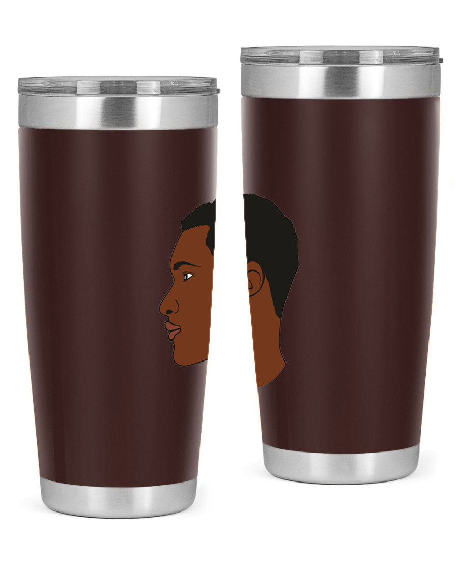 A sleek black man tumbler made of stainless steel, featuring a double wall vacuum design and a drink-thru lid, perfect for hot and cold beverages.