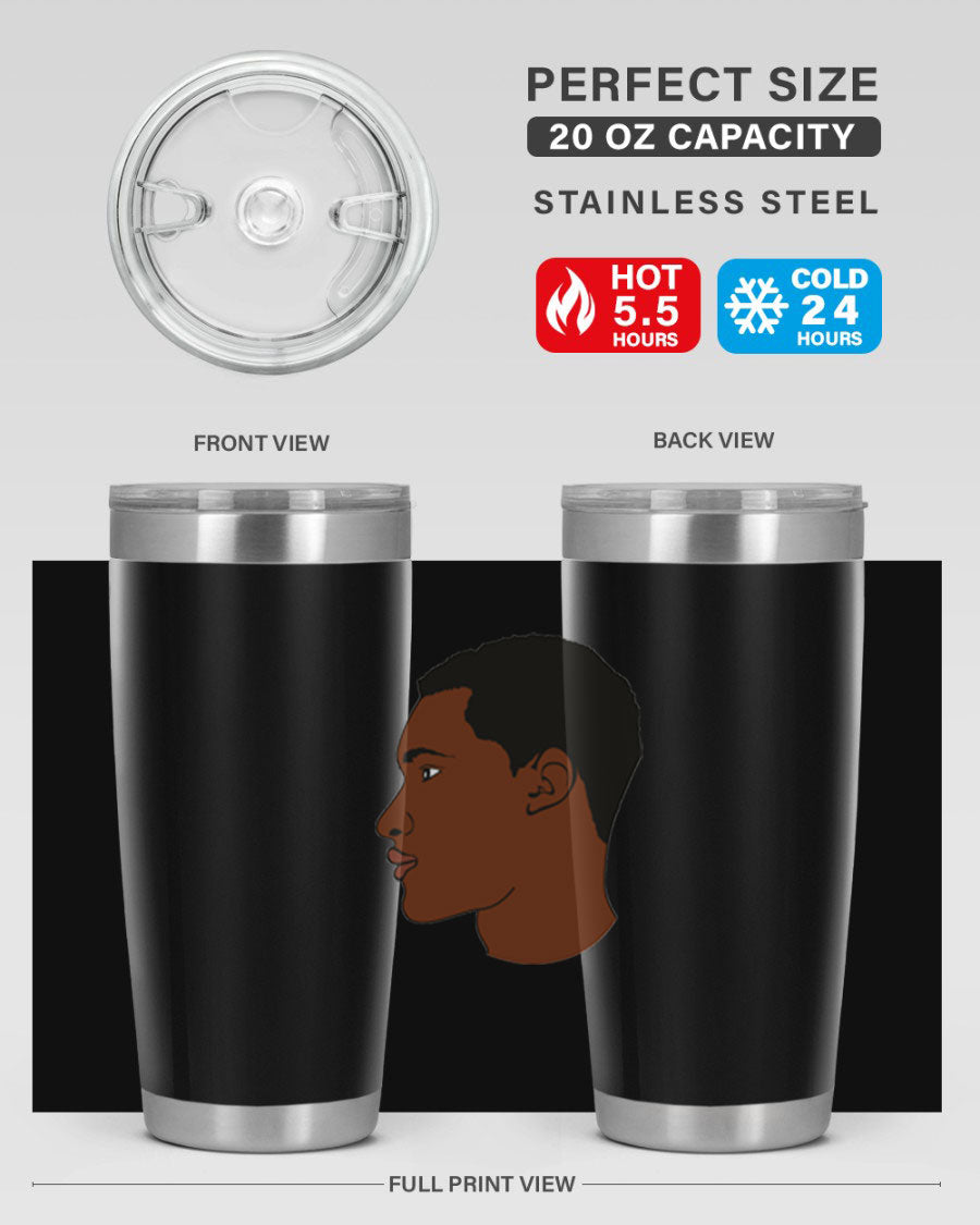 A sleek black man tumbler made of stainless steel, featuring a double wall vacuum design and a drink-thru lid, perfect for hot and cold beverages.