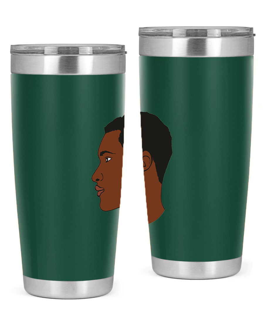 A sleek black man tumbler made of stainless steel, featuring a double wall vacuum design and a drink-thru lid, perfect for hot and cold beverages.