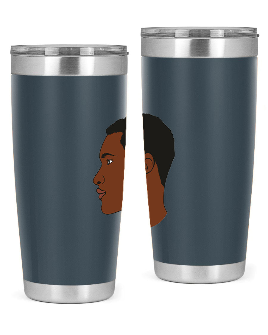 A sleek black man tumbler made of stainless steel, featuring a double wall vacuum design and a drink-thru lid, perfect for hot and cold beverages.