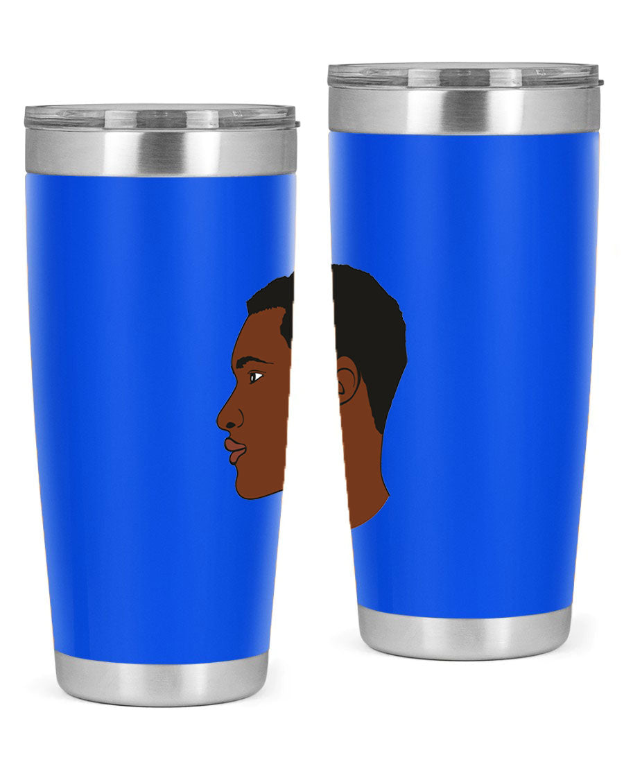 A sleek black man tumbler made of stainless steel, featuring a double wall vacuum design and a drink-thru lid, perfect for hot and cold beverages.