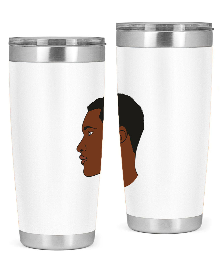 A sleek black man tumbler made of stainless steel, featuring a double wall vacuum design and a drink-thru lid, perfect for hot and cold beverages.