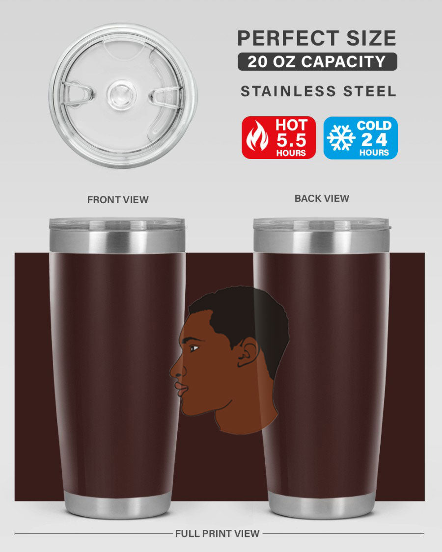 A sleek black man tumbler made of stainless steel, featuring a double wall vacuum design and a drink-thru lid, perfect for hot and cold beverages.