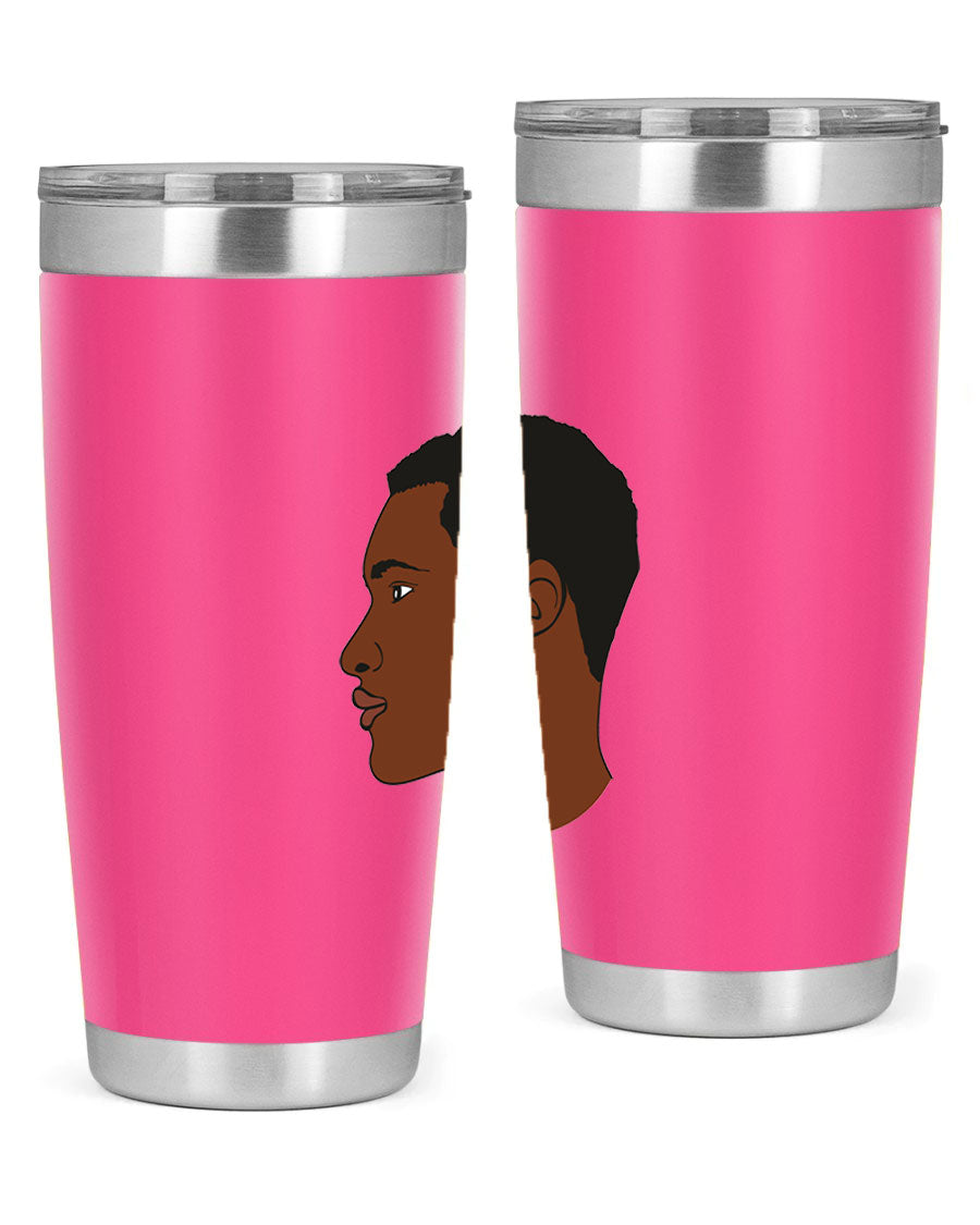 A sleek black man tumbler made of stainless steel, featuring a double wall vacuum design and a drink-thru lid, perfect for hot and cold beverages.