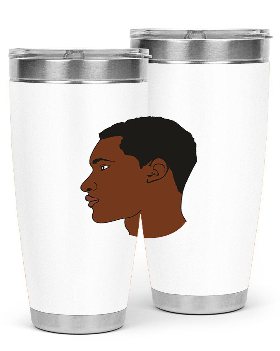 A sleek black man tumbler made of stainless steel, featuring a double wall vacuum design and a drink-thru lid, perfect for hot and cold beverages.