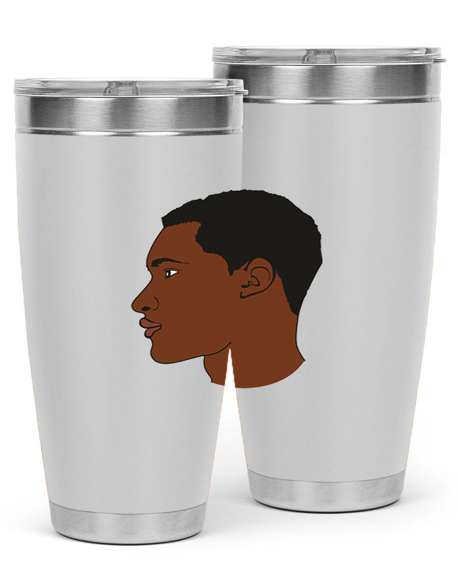 A sleek black man tumbler made of stainless steel, featuring a double wall vacuum design and a drink-thru lid, perfect for hot and cold beverages.