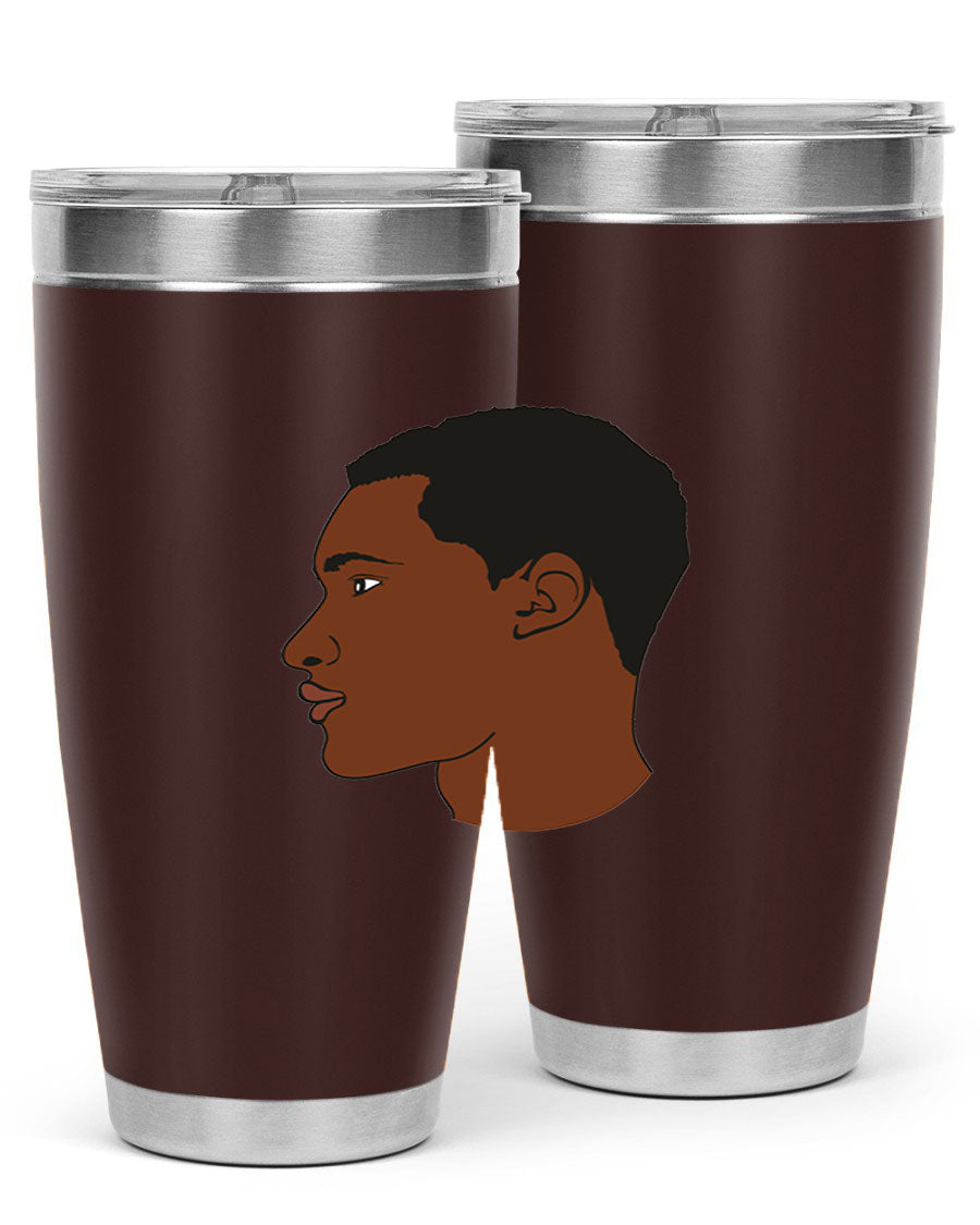 A sleek black man tumbler made of stainless steel, featuring a double wall vacuum design and a drink-thru lid, perfect for hot and cold beverages.