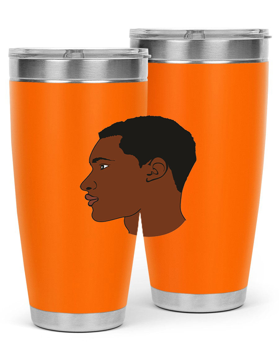 A sleek black man tumbler made of stainless steel, featuring a double wall vacuum design and a drink-thru lid, perfect for hot and cold beverages.