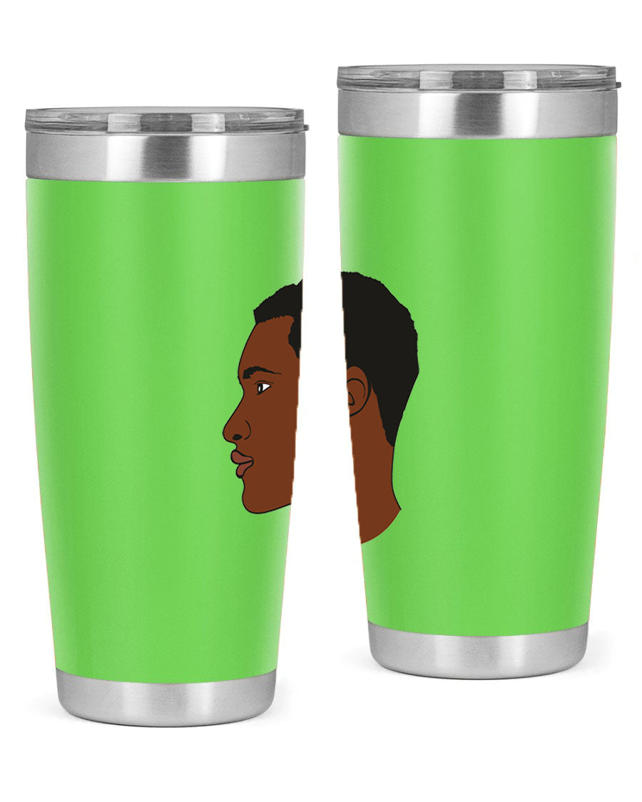 A sleek black man tumbler made of stainless steel, featuring a double wall vacuum design and a drink-thru lid, perfect for hot and cold beverages.