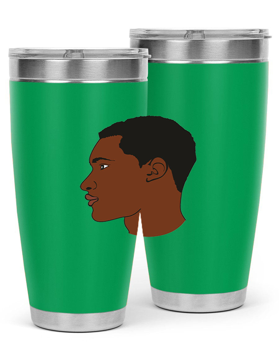 A sleek black man tumbler made of stainless steel, featuring a double wall vacuum design and a drink-thru lid, perfect for hot and cold beverages.